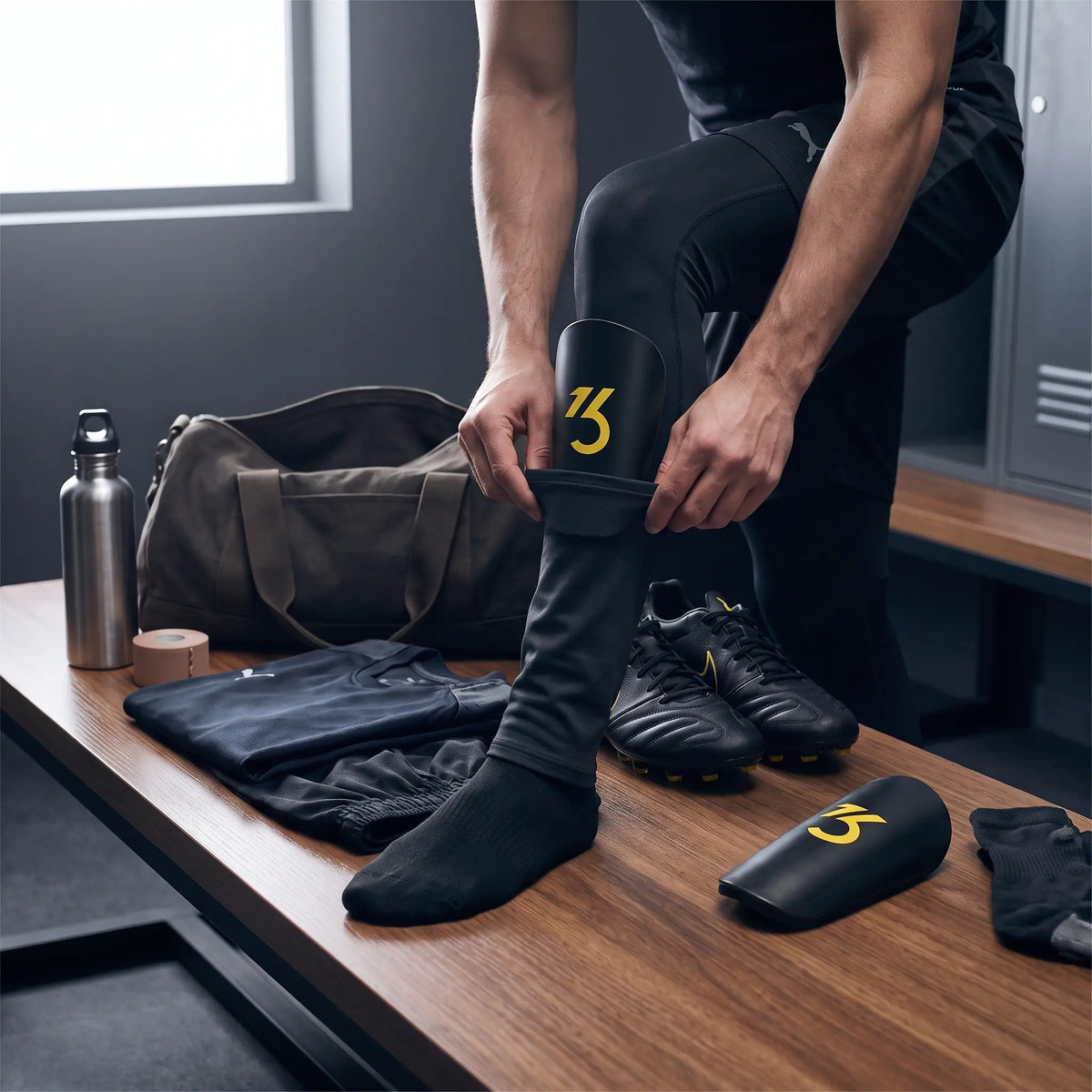 Soccer player putting on his soccer shin Miniguard