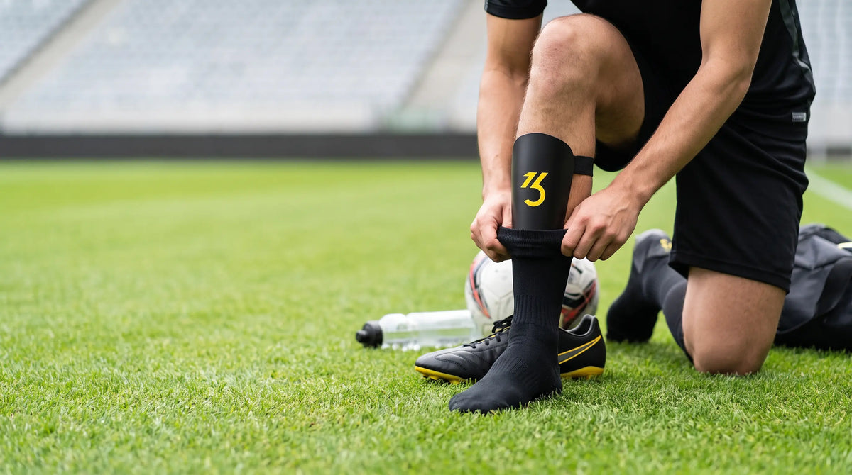 Soccer player adjusting a compact shin guard against the lower leg before play.