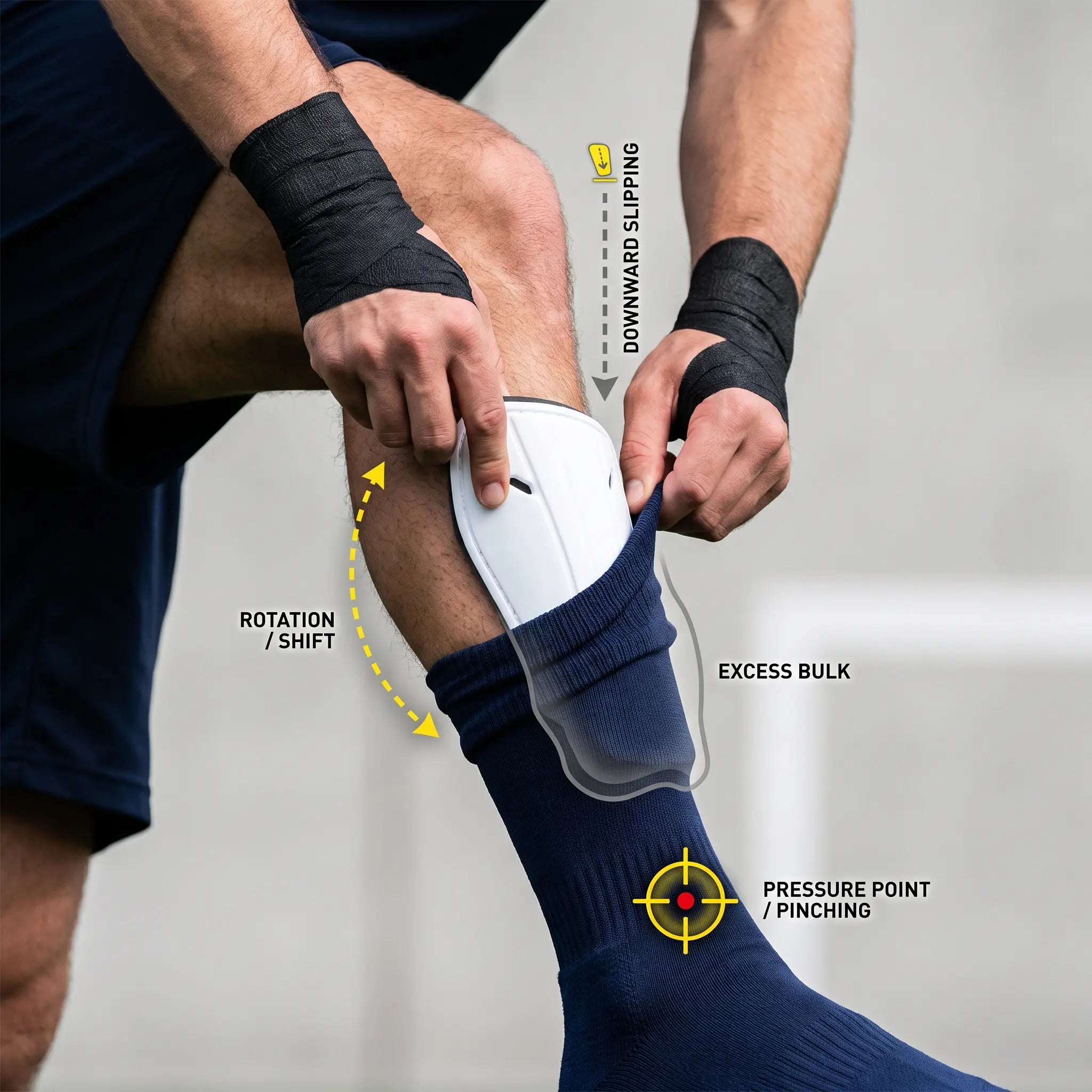 Soccer player adjusting a compact shin guard against the lower leg before play.