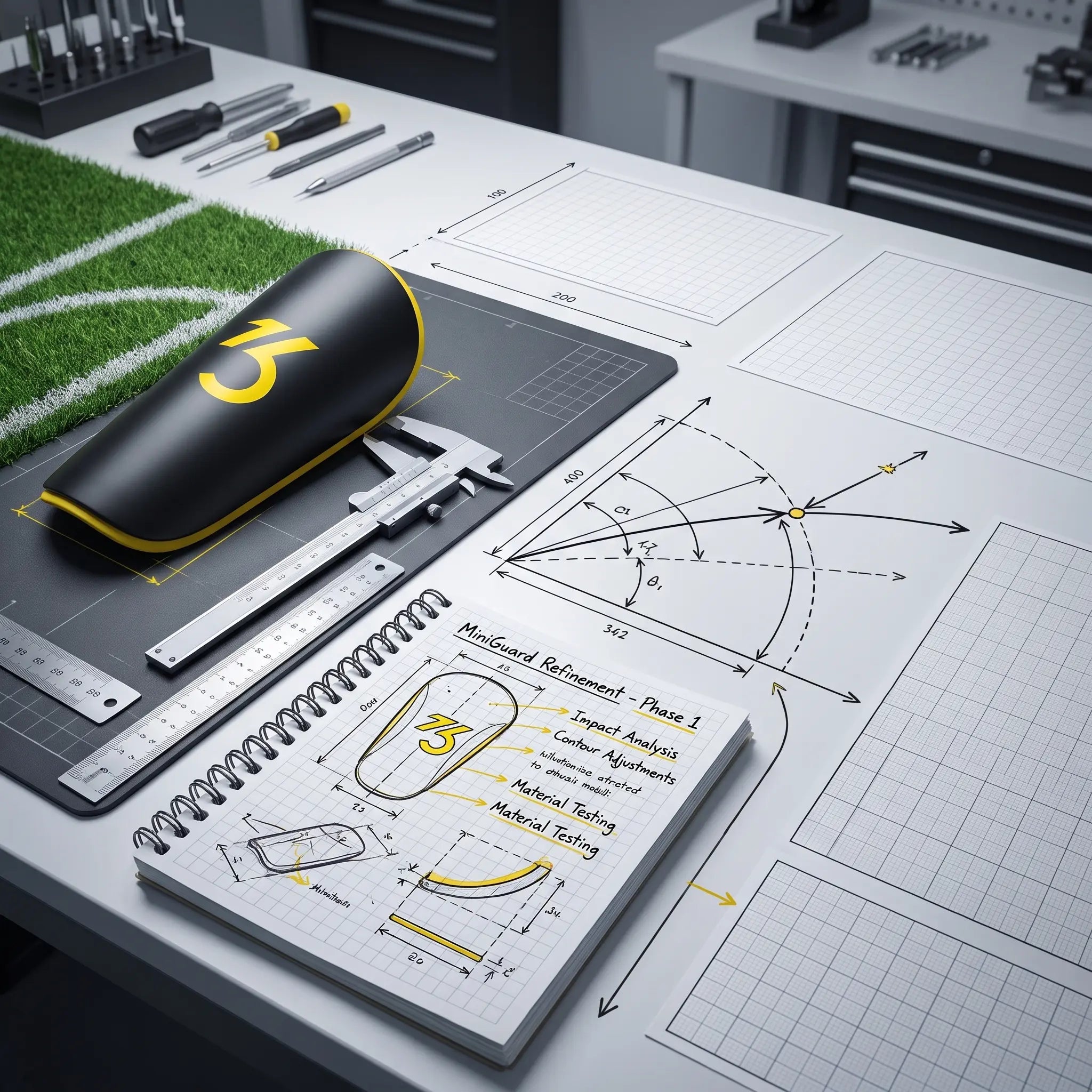 MiniGuard on a product development workbench with a caliper, ruler, testing notes and soccer field materials.